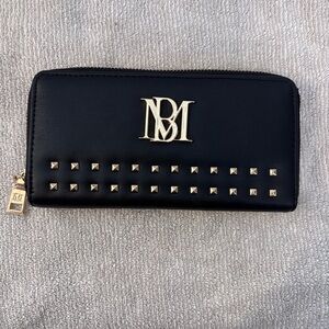 Badgley Mischka Black Zip-Around Studded Wallet with Gold Logo